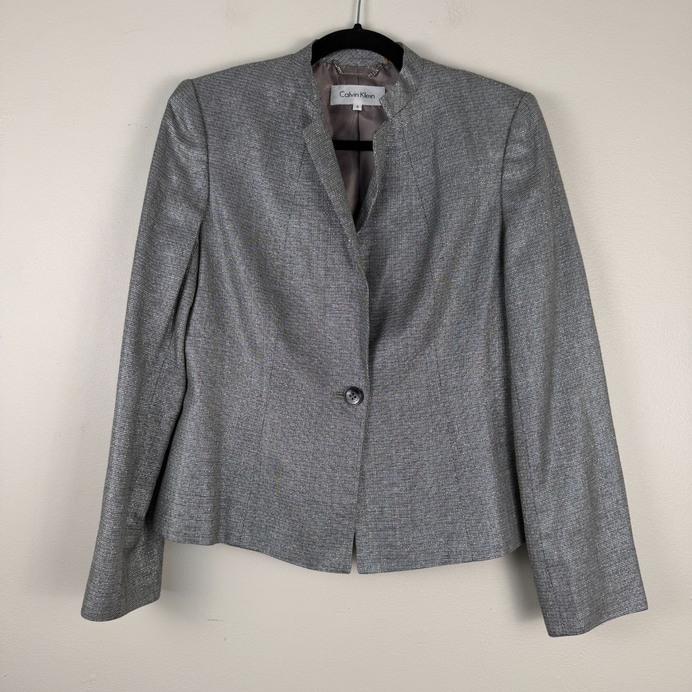 Calvin Klein Blazer Womens 6 Gray Long Sleeve Shoulder Pads Formal Jacket Career
